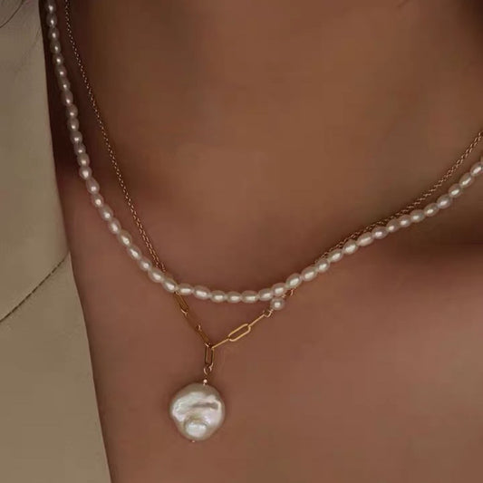 Stacking pearl necklace with cloud chain